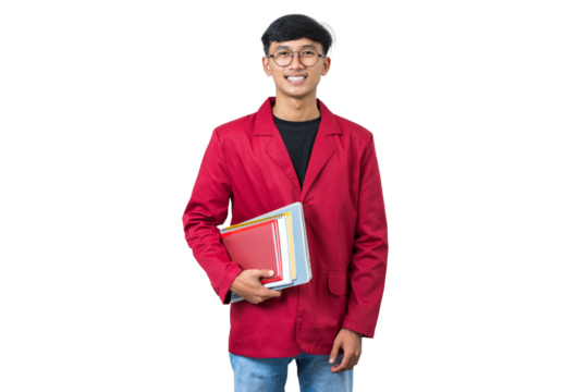 Smiling young college student holding books isolated on white background