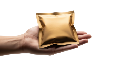 Hand holding a small golden packet in the palm of the hand with a plain isolated area behind it on transparent background