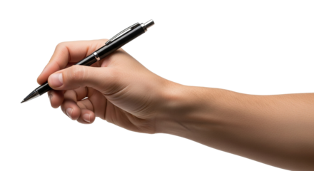 Hand holding a pen ready to write or draw something with a writing instrument in the fingers on transparent background