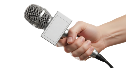 Hand holding a microphone with a blank label ready for an interview or announcement event use case on transparent background