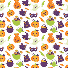 Obraz premium Cute Halloween seamless pattern with festive trick-or-treat icons like pumpkins, cats, ghosts, and candy cauldrons. A playful design for kids' party decor.