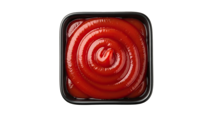 Close up view of a square container filled with a swirl of vibrant red tomato ketchup condiment sauce on transparent background