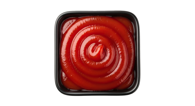 Close up view of a square container filled with a swirl of vibrant red tomato ketchup condiment sauce on transparent background