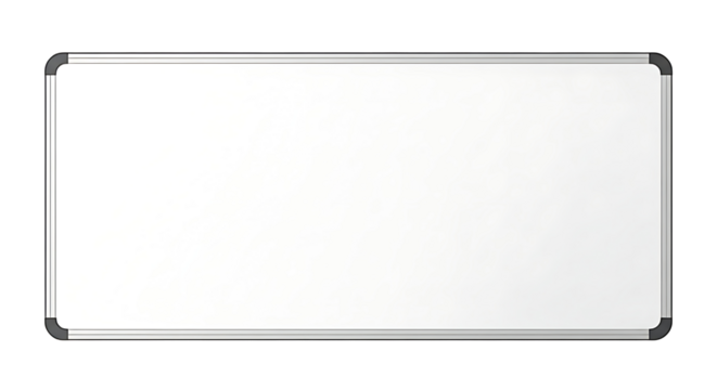 A rectangular whiteboard with silver trim and rounded corners against a plain presentation space on transparent background
