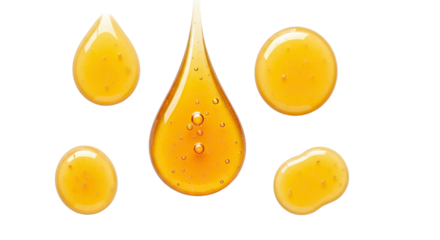 Isolated honey droplets and blobs in a group formation against a plain isolated vista view area on transparent background