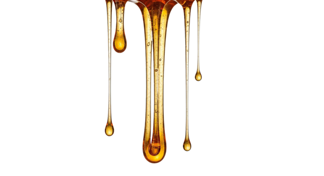 Golden liquid dripping with bubbles and viscous texture against a plain setting shown close up on transparent background