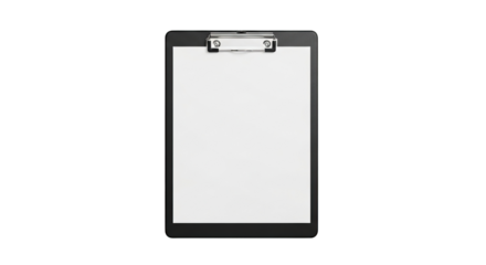 Isolated view of a clipboard with a blank white sheet ready for notes and documents to be added on transparent background