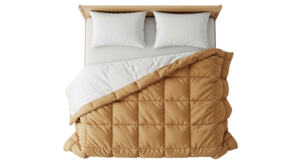 Overhead view showing bed with white sheets and pillows and a tan colored comforter folded back on transparent background