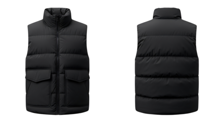 Two views of a puffy vest with a zipper and pockets displayed against a neutral setting on transparent background