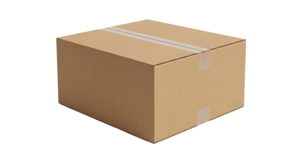 A single cardboard box sealed with tape is isolated against a plain contrasting setting on transparent background