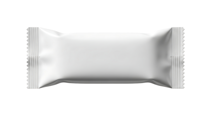 Isolated white foil packet with crimped edges centered horizontally in the frame view above on transparent background