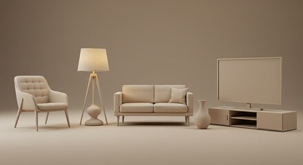 Elegant monochromatic living room scene with cozy chair, modern sofa, and sleek TV for a relaxing and stylish home interior design concept