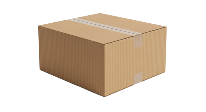 A single cardboard box sealed with tape is isolated against a plain contrasting setting on transparent background