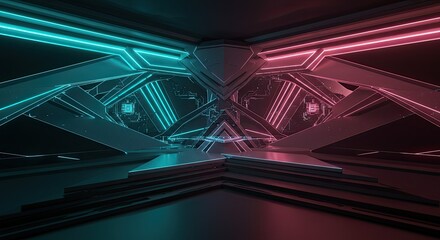 Step into the future with this stunning, dynamic neon lit interior, perfect for your next tech project or futuristic concept design, a modern and elegant background
