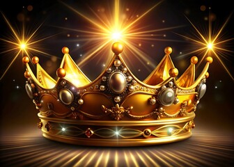 A majestic golden crown adorned with jewels gleaming under dramatic starburst lighting