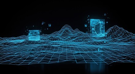 Explore the future with this stunning digital landscape and floating data displays, perfect for technology presentations and futuristic designs to inspire innovation