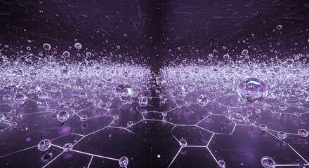 Explore the stunning, intricate network visualization with glowing spheres in a vast, abstract landscape representing interconnected systems and innovative tech