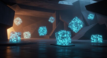Explore futuristic digital cubes in a mysterious, abstract setting, perfect for showcasing innovation, technology, and the boundless potential of the metaverse