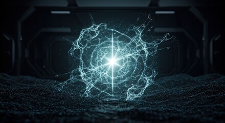 Stunning bright energy core with glowing particles radiating through dark space, perfect for science, tech and futuristic concepts