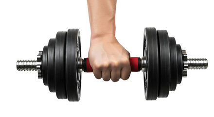 Human hand gripping a dumbbell with metal ends and plates for lifting and strength training exercise on transparent background