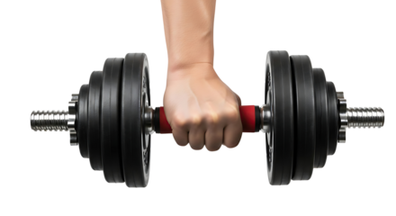 Human hand gripping a dumbbell with metal ends and plates for lifting and strength training exercise on transparent background