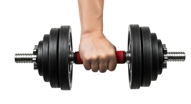 Human hand gripping a dumbbell with metal ends and plates for lifting and strength training exercise on transparent background