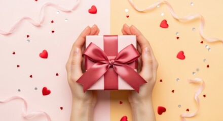 Obraz premium Hands holding pink gift box with ribbon bow on pastel background with hearts and confetti decor