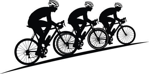 Obraz premium Vector art of three cyclists in silhouette riding bicycles uphill