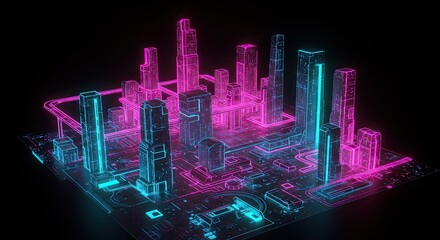 Stunning futuristic city skyline glows with vibrant neon lights, perfect for tech, gaming, or modern architecture concepts that need a cutting-edge visual