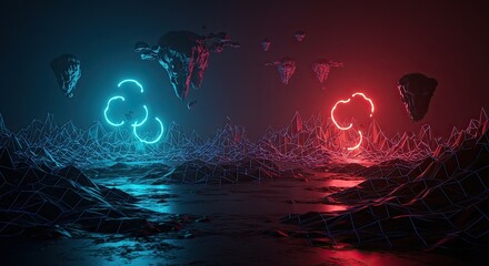 Step into a captivating, surreal landscape with floating asteroids and glowing neon clouds, perfect for futuristic designs or vibrant, otherworldly concepts
