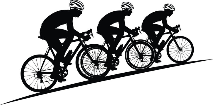 Vector art of three cyclists in silhouette riding bicycles uphill