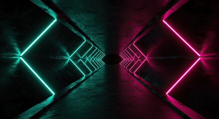 Enter the neon tunnel with vibrant pink and teal lights, a futuristic space perfect for technology presentations or modern design concepts