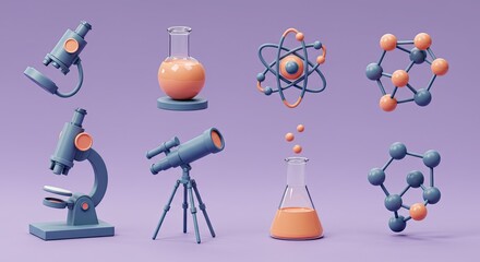 Explore science with these stylish 3D rendered microscope, atom, telescope, and lab beaker models, perfect for education, research, and discovery visuals