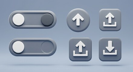 Sleek upload and download icons with toggle switches for modern app interface design that provides a clean tech aesthetic and intuitive user experience