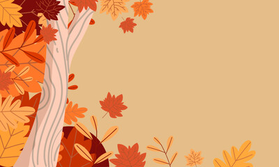 Obraz premium Autumn greeting card template background vector. Red, yellow, orange leaves in autumn season.