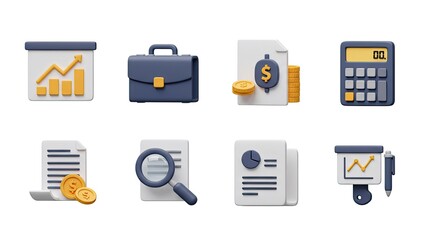 Streamlined modern business icons set for financial planning and success, featuring charts, calculator, and briefcase for professional presentations