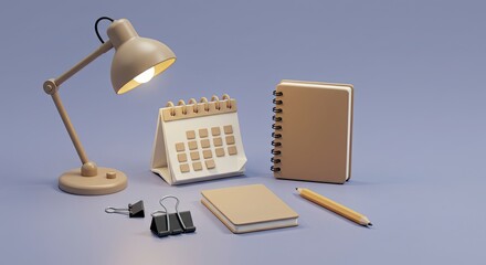 Organized workspace with calendar, notebooks, and lamp inspires productivity and planning for business success, ideal for modern office themes