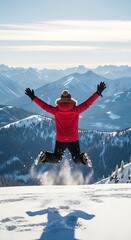 Joyful Winter Leap - A Moment of Freedom in the Snowy Mountains.