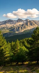 Majestic Mountain Vista - A Serene Landscape of Peaks and Forests.