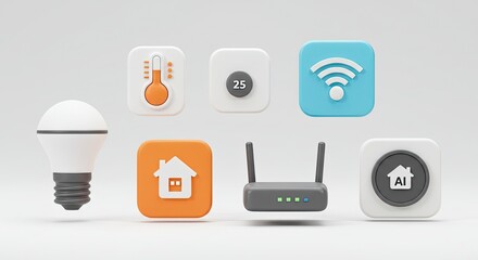 Discover a smart home with simple 3D icons for temperature control, wifi, and AI automation, perfect for modern living and innovative tech solutions