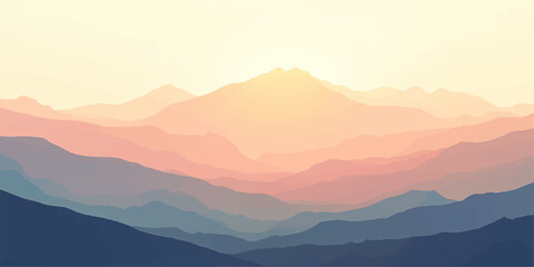 Fototapeta premium Morning fog hangs low over the mountain landscape, creating a misty view of the peaks against the sunrise sky