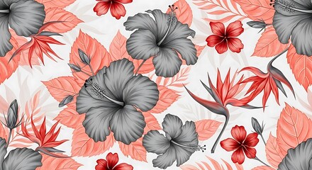 Tropical Floral Pattern with Hibiscus and Bird of Paradise Flowers.