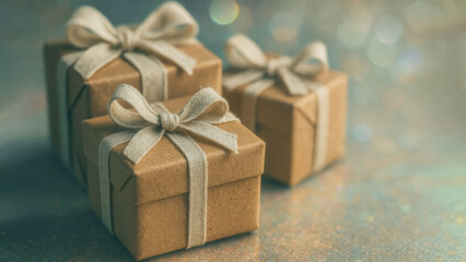 Obraz premium Gift boxes, meticulously wrapped and adorned with elegant ribbons, offer a glimpse of the joy of gifting and the spirit of celebration.