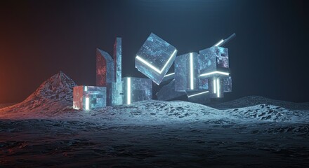 Surreal glowing structures on icy planet evoke futuristic cityscape, use for tech, gaming, or science concepts to inspire innovation and forward thinking