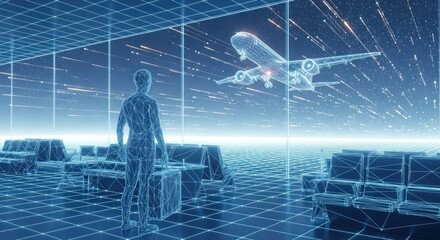 Obraz premium A futuristic airport terminal with a man standing in the foreground and an airplane flying overhead.