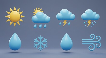 Forecast the day with cheerful cartoon weather icons for sunny days, rainy days, thunder, snow, and wind in a modern, minimalist style