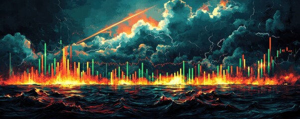 Dynamic digital illustration of financial market growth with colorful glowing candles and stormy clouds over a turbulent sea