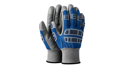Pair of blue and gray work gloves isolated on transparent background, providing hand protection and safety during various tasks and industrial activities