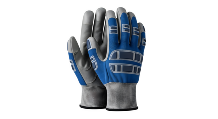 Pair of blue and gray work gloves isolated on transparent background, providing hand protection and safety during various tasks and industrial activities