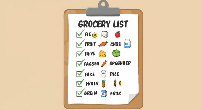 An illustration of a brown clipboard holding a white paper with a checked grocery list featuring various food items and icons on a light background.